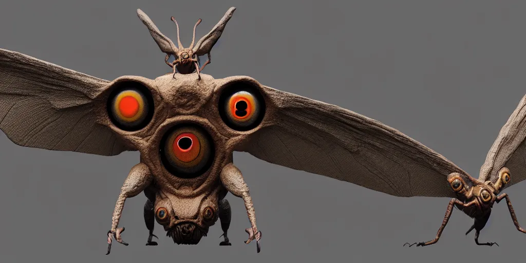 Image similar to a one big eye with 4 wings moth creature monster by neville page, ken barthelmey, carlos huante and doug chiang, sharp focus, trending on artstation, hyper realism, octane render, 8 k, hyper detailed, ultra detailed, highly detailed, zbrush, concept art, creature design