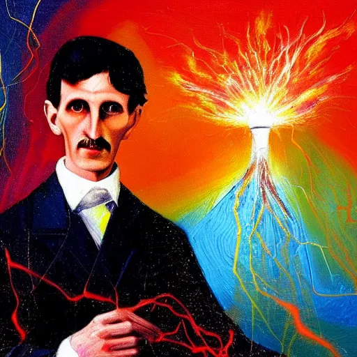 Image similar to An abstract painting of young Nikola Tesla, the background is filled with explosion of electricity