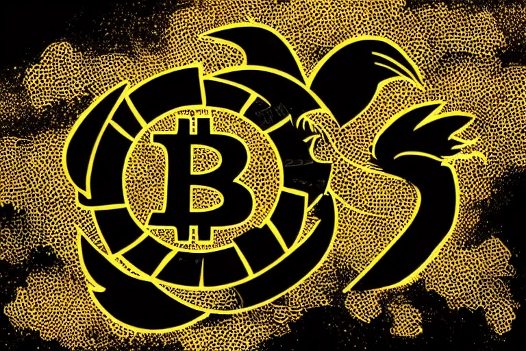 Image similar to a young dragon of black and gold, clouds, bitcoin patterned logo