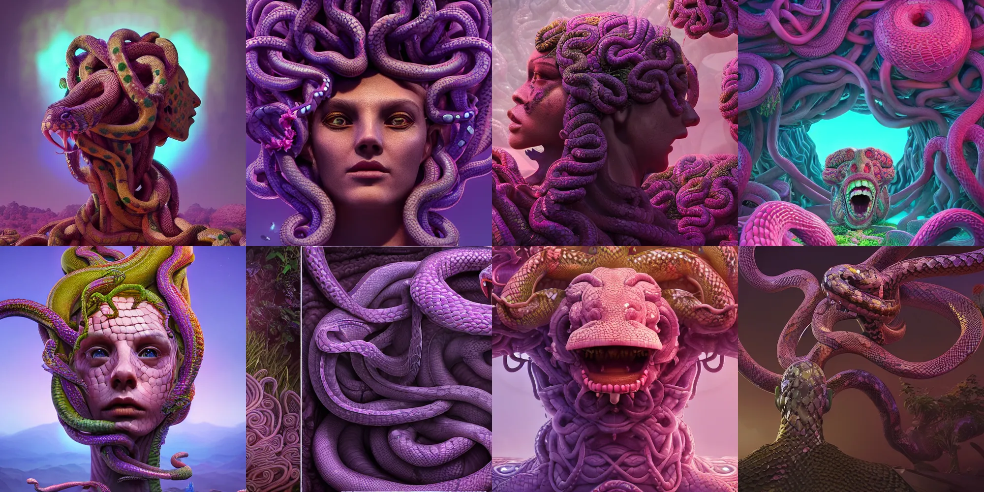 Prompt: medusa gorgon head, highly detailed snakes, beautiful flowers, beautiful dark landscape, in the style of beeple and mike winkelmann, intricate, epic lighting, cinematic composition, hyper realistic, 8 k resolution, unreal engine 5, raytracing, ultraviolet colors,