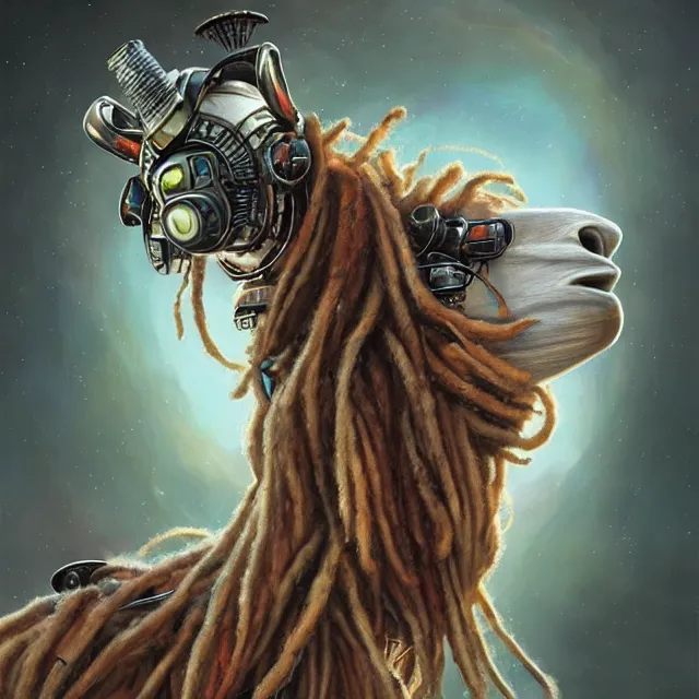 Image similar to llama with dreadlocks, industrial scifi, by mandy jurgens, ernst haeckel, artgerm, james jean