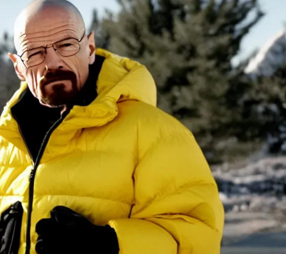 Image similar to Walter White wearing a black Supreme puffer jacket and a beanie, movie still, realistic