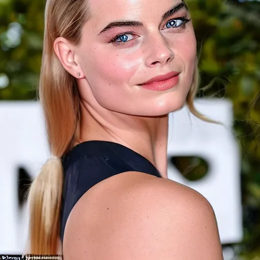 Image similar to a woman who is a genetic combination of margot robbie and emma watson face and upper - body focus