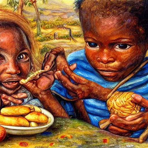 Prompt: oil painting of a malnourished ugandan boy sharing bread with a blond well fed child, by josephine wall american