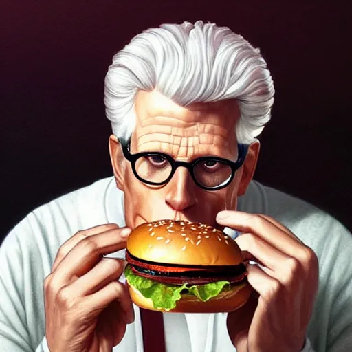 Prompt: portrait of ted danson eating hamburgers, extra onions and ketchup, luscious patty with sesame seeds, feminine ethereal, handsome, d & d, fantasy, intricate, elegant, highly detailed, digital painting, artstation, concept art, matte, sharp focus, illustration, art by artgerm and greg rutkowski and alphonse mucha