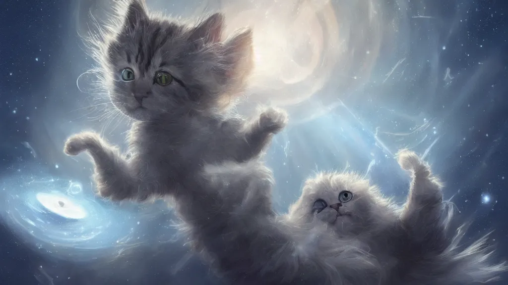 Prompt: a single cartoonish kitten dressed as Gandalf floating in space, center focus, center spotlight, bright stars, anime, a fantasy digital painting by Greg Rutkowski and James Gurney, trending on Artstation, highly detailed