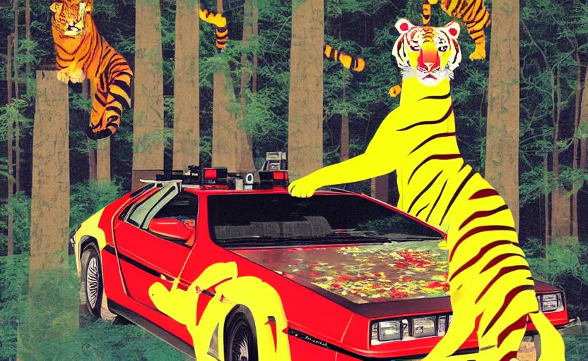 Image similar to a red delorean and a yellow tiger, painting by hsiao - ron cheng & utagawa kunisada, magazine collage style,