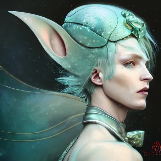 Image similar to an epic concept art of a handsome androgynous male snow elf with a bow in a turquoise cape and silver armour, albino skin, winter vibes, elegant, very coherent symmetrical artwork, by tomasz alen kopera and alphonse mucha, photorealistic, sharp focus, octane render, rtx, hdr, unreal 5, trending on artstation