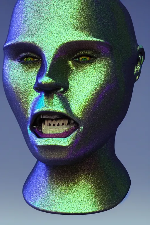 Image similar to 3d render of holographic angry human robotic screaming angry bust made of glossy iridescent, screaming, bust, surrealistic 3d illustration of a human non-binary, non binary model, 3d model human, cryengine, made of holographic texture, holographic material, holographic rainbow, concept of cyborg and artificial intelligence