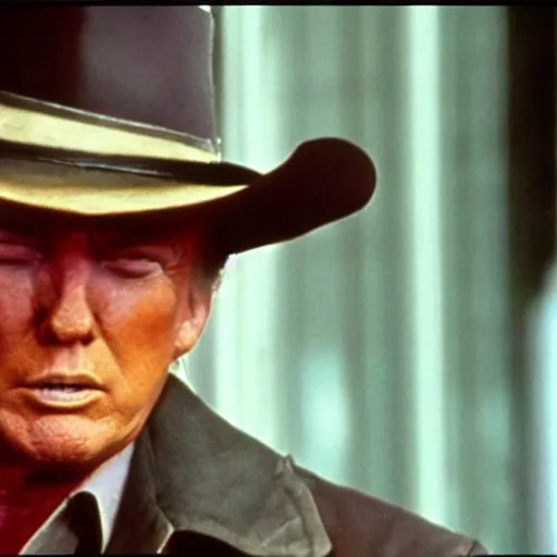 Image similar to donald trump as clint eastwood squinting at high noon in the style of a clint eastwood movie, the good, the bad and the ugly, clint eastwood, steven seagal, bud spencer, donald trump, glory days, american flag, patriotism