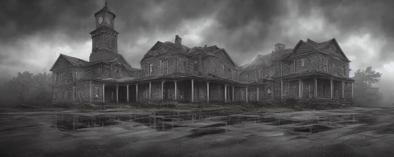 Prompt: Lovecraft Country, ultra detailed haunted house, ultra detailed storm clouds, establishing atmospheric shot, octane renderer, unreal engine, F11 aperture, night, volumetric fog, lighting and thunder, stormy weather, ultra detailed rain drops, reflections, film grain, single ultra detailed grey 1948 Packard Station Sedan parked in the street,