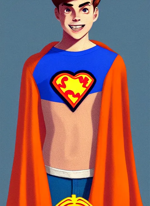 Image similar to friendly teenage archie andrews wearing an orange superhero costume with heart logo, heart, orange costume, blue cape, freckles, cape, heart emblem on chest, heart, blue cape, intricate, elegant, glowing lights, highly detailed, digital painting, artstation, sharp focus, illustration, art by wlop, mars ravelo and greg rutkowski