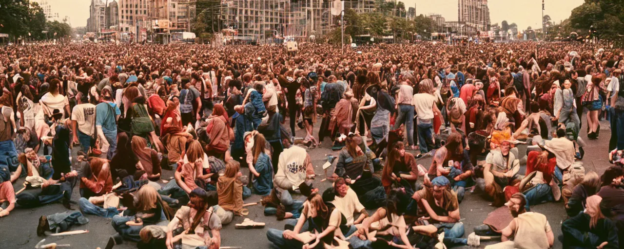 Image similar to ultra wide shot of hippies protesting spaghetti, 1 9 6 0's, balanced,, canon 5 0 mm, cinematic lighting, photography, retro, film, kodachrome