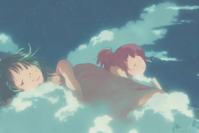 Image similar to a cute anime girl sleeping on a cloud, misty, glows, by studio ghibli, anime, hazy, foggy, ambient lighting, 8 k, neon, synthwave,