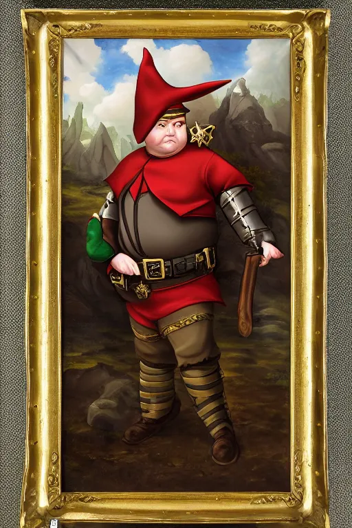 Prompt: high fantasy elf mall cop with a sheriff's badge that is fat, shifty, 1500s Oil Painting, Carvagio, RPG portrait, 8K digital scan