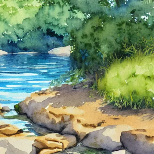 Prompt: A piece of peace by a river creek, watercolor, detailed