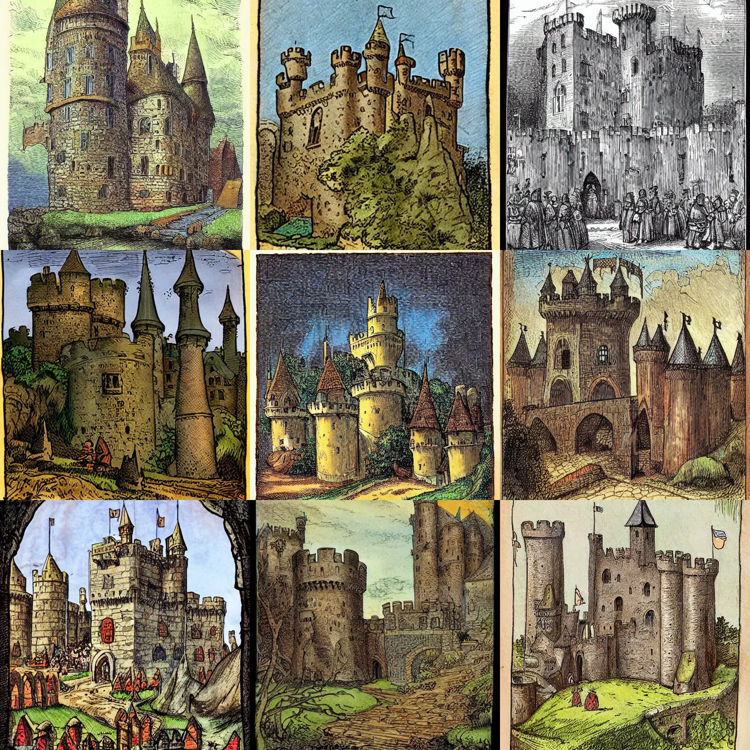 Prompt: medieval castle, colored, by john tenniel