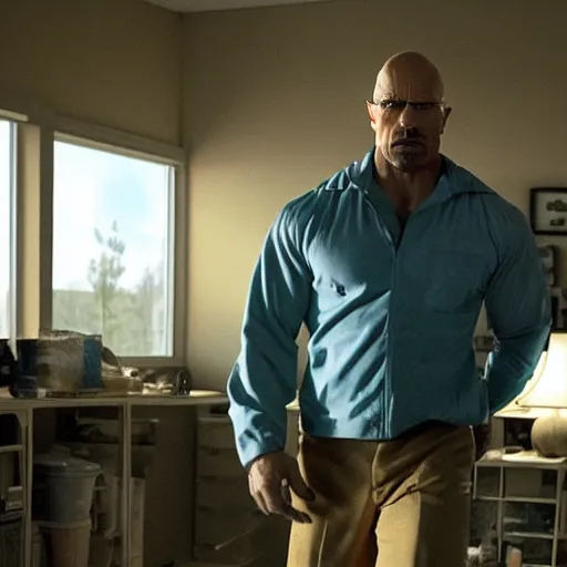 Image similar to Dwayne The Rock Johnson as Walter White in 'Breaking Bad' (2012), movie still frame, oscar nominated cinematography, volumetric lighting, 8k resolution, beautiful composition