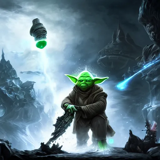 Image similar to portrait of yoda, league of legends amazing splashscreen artwork, gears of war, splash art, natural light, elegant, photorealistic facial features, intricate, fantasy, detailed face, atmospheric lighting, anamorphic lens flare, cinematic lighting, league of legends splash art, hd wallpaper, ultra high details by greg rutkowski