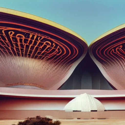 Image similar to futuristic lotus fractal temple with gold, red and white marble panels, in the desert, by buckminster fuller and syd mead, intricate contemporary architecture, photo journalism, photography, cinematic, national geographic photoshoot