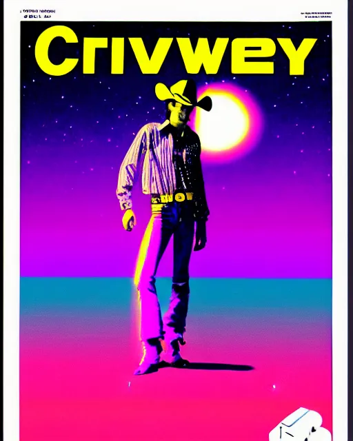 Image similar to laser disk cowboy, 1 9 8 0's magazine ad, vapor wave aesthetic