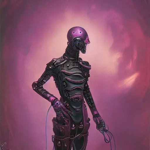 Image similar to steampunk android that emits purple fog, by wayne barlowe