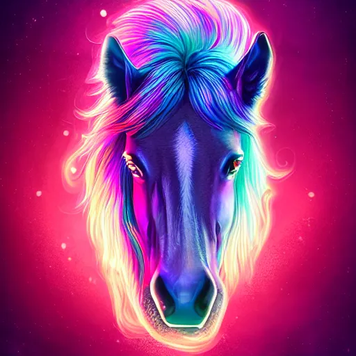 Prompt: digital horse, retrowave analogous palette, highly detailed, anatomically correct equine, synth feel, smooth face, ear floof, flowing mane, no reins, super realism, accurate animal imagery, 4 k digital art
