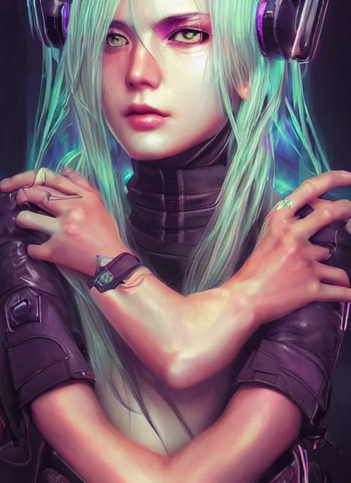 Image similar to beautiful, young cyberpunk ninja woman, extremely detailed gorgeous face, looks realistic, hyper-detailed portrait, sad eyes tears, vaporwave aesthetic, synthwave, magical, fantasy, ninchaku , artist Artgerm i and WLOP