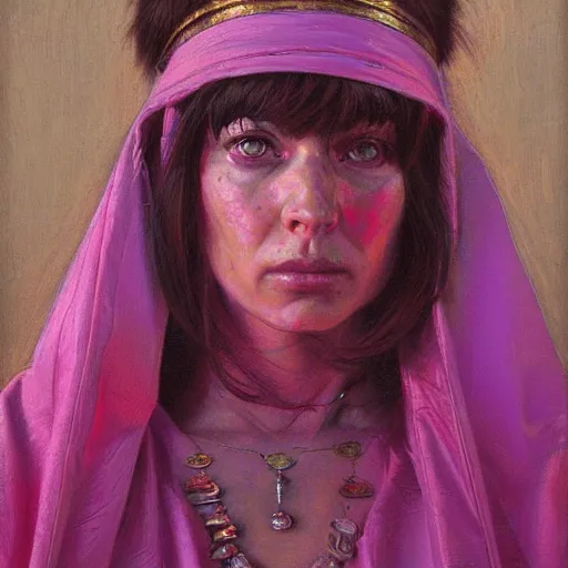 Prompt: frontal portrait of a priestess, wearing pink, by donato giancola.