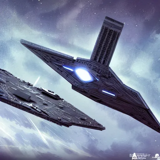 Prompt: star destroyer from star wars battling the uss enterprise from star trek, digital painting, digital art, trending on artstation