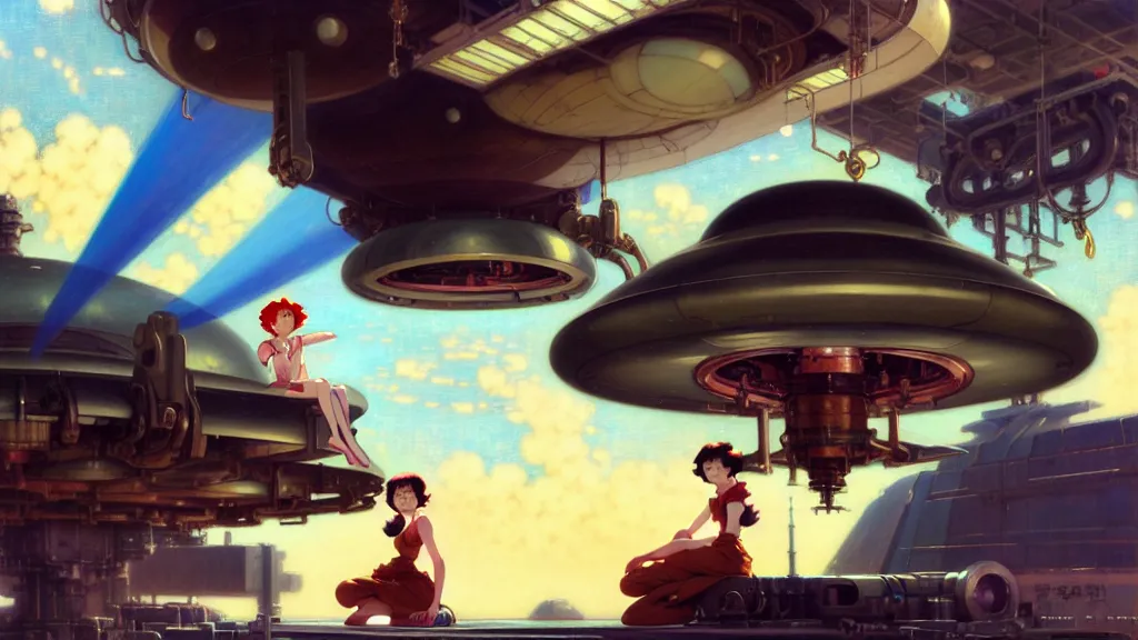 Prompt: a film still of a 1 9 5 0's mechanic anime girl with high detailed face sitting on top of flying ufo landing in hangar of giant ufo spaceship, trending on pixiv fanbox, painted by gaston bussiere, makoto shinkai, akihiko yoshida, gaston bussiere, craig mullins