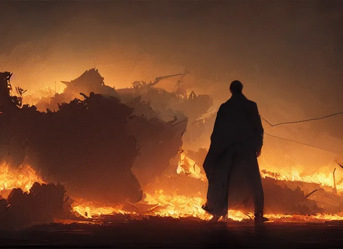 Prompt: the silhouette of a sad man looks at the destroyed and burning world, sheets of paper books fly around volumetric lighting, digital painting, highly detailed, artstation, sharp focus, illustration, concept art, ruan jia, steve mccurry, amazing composition