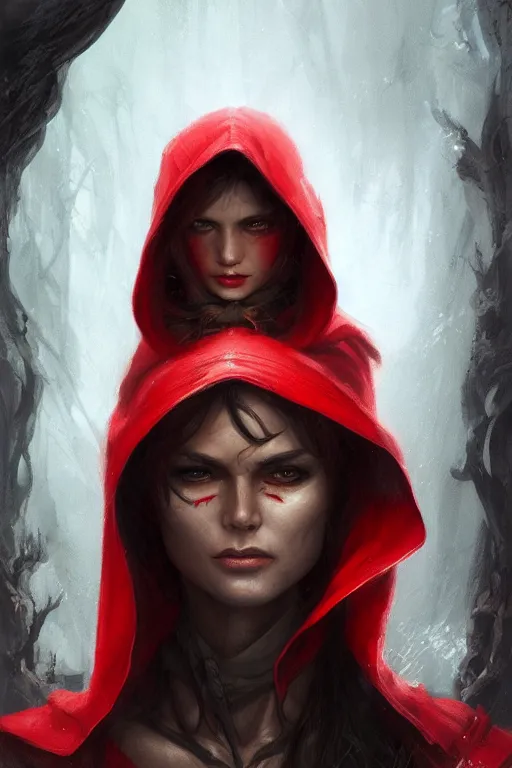 Image similar to thief red riding hood, d & d, fantasy, portrait, highly detailed, headshot, digital painting, trending on artstation, concept art, sharp focus, illustration, art by artgerm and greg rutkowski and magali villeneuve