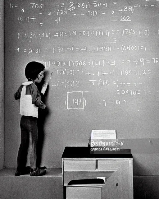 Prompt: a human-like kitten standing in from of a blackboard writing math formulae, realistic photo, 1970s