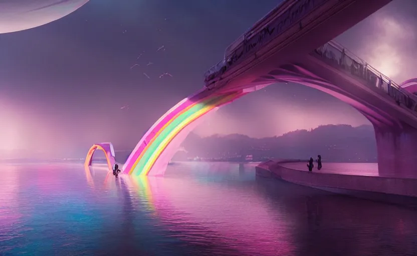 Image similar to incredible, mindblowing, refugees crossing a beautiful bridge made of rainbow hardlight, floating city in the sky, matte painting, artstation, cgsociety, dramatic lighting, concept art, octane render, arnold 3 d render