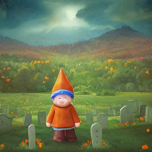 Image similar to landscape of Aspen Cemetery with a small orangish colored gnome who is cute and childlike with a hat and tabard leaning against a tombstones, fantasy, faerie, spirit, whimsical