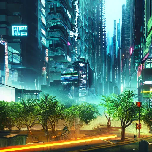 Image similar to Cyberpunk city in a lush bamboo forest, neon, trees, moody, Octane Render, HD, unreal engine, artstation trending, highly detailed