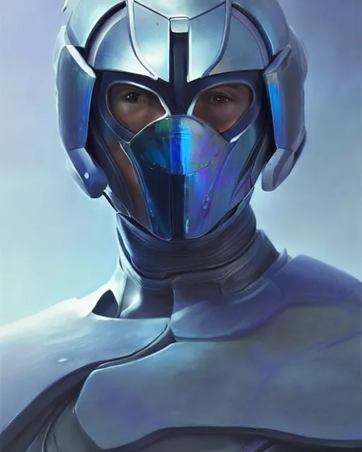 Image similar to iridescent sinewy smooth muscular male sleek glossy bluish white pearlescent scifi armor with smooth white featureless helmet, by greg rutkowski, mark brookes, jim burns, tom bagshaw, magali villeneuve, eve ventrue, trending on artstation