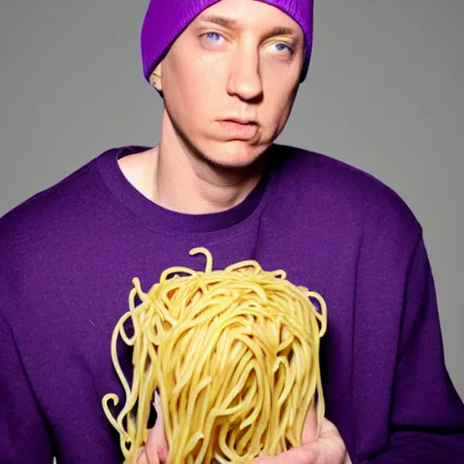 Image similar to eminem wearing a hat made of spaghetti and a purple dress