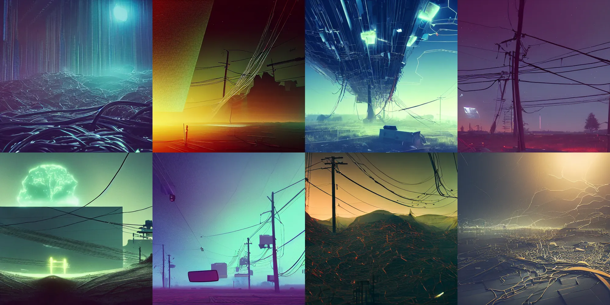 Prompt: beautiful dark landscape, giant broken old television, cables and wires, in the style of beeple and Mike Winkelmann, intricate, epic lighting, cinematic composition, hyper realistic, 8k resolution,