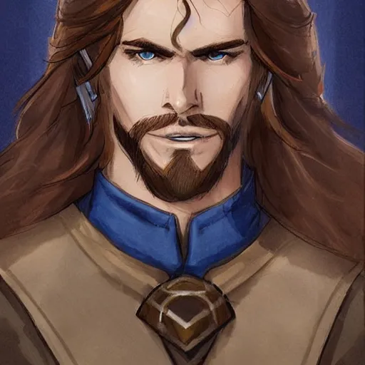 Prompt: a young man with shoulder length brown hair, with a scar on his forehead. blue uniform. serious expression, handsome, rugged, kaladin stormblessed, way of kings, artgerm, portrait, sketch, rpg, dnd