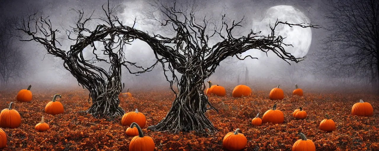 Image similar to a highly detailed boy made of sticks with a pumpkin head in a highly realistic pumpkin patch, twisted vines, fall season, swirling fog, night, dead tree forest, photo real pumpkins, moon, photorealistic, insanely detailed and intricate, epic, volumetric haze, hyper realistic, elegant, ornate, elite, horror, creepy, ominous, haunting, cinematic lighting, unreal engine, symmetrical, cinematic centered camera, high detail by Zdzislaw Beksinski