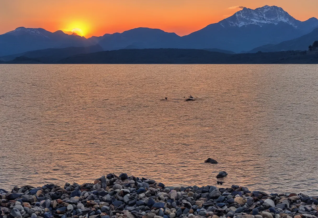 Image similar to a photo of a lake with mountains in the background, dusk, two cranes flying across the sun, sun rays hitting the pebbles in the foreground