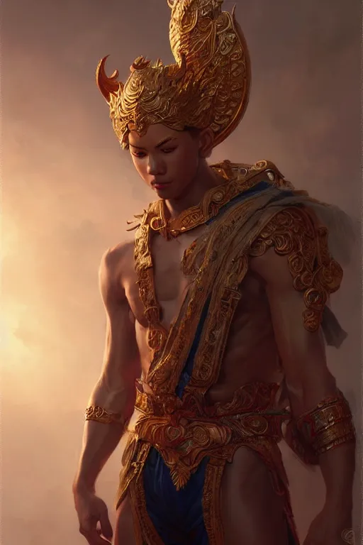 Image similar to young male god of the vietnamese, highly detailed, digital painting, artstation, concept art, smooth, sharp focus, illustration, unreal engine 5, 8 k, art by artgerm and greg rutkowski and edgar maxence