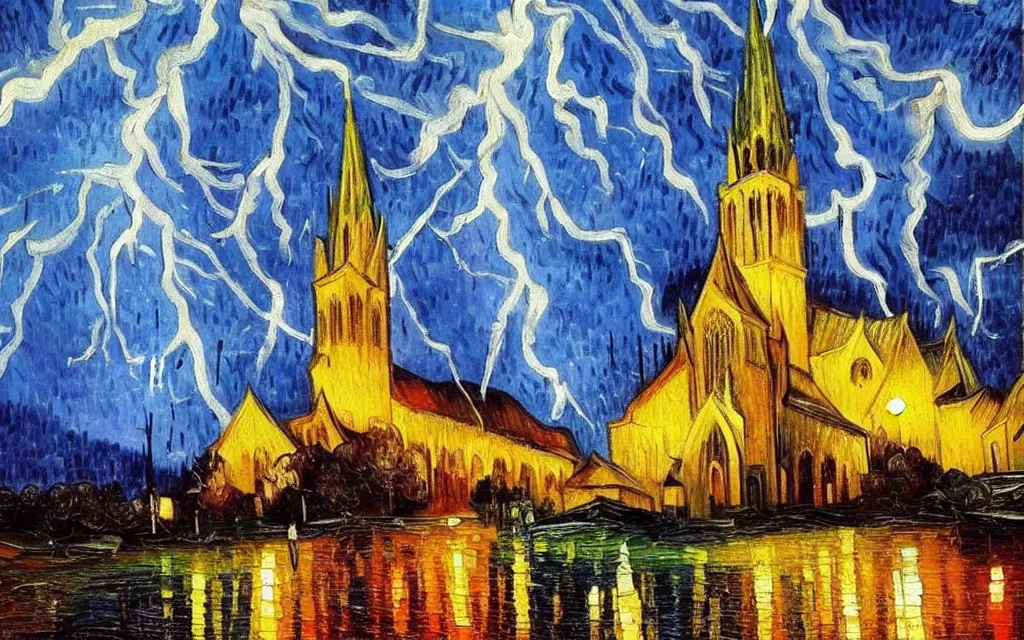 Image similar to atmospheric detailed expressionist oil painting of lightning storm over a tall gothic church, landscape painting, expressionism, blues, dramatic lighting, 8 k resolution detailed art, small brushstrokes, watercolor palette, painted by vincent van gogh