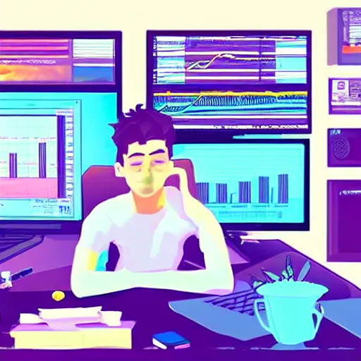 Prompt: a young man sitting on his computer in his messy bedroom staring at several computer monitors showing crypto trades, illustration, colourful, chill, anime esthetic