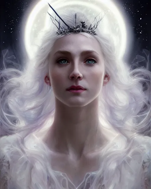 Prompt: realistic portrait of a beautiful white witch, bright witch, dark night, beautiful, heroic pose, beautiful face, magic, dark magic, dramatic lighting, intricate, wild, highly detailed, digital painting, artstation, concept art, smooth, sharp focus, illustration, art by artgerm and greg rutkowski and alphonse mucha, footage from space camera