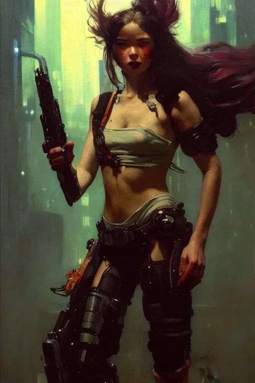 Image similar to portrait max mad cyberpunk, girl with a future weapon character design, painting by gaston bussiere, katsuya terada, nc wyeth, greg rutkowski, craig mullins, vermeer, frank frazetta, tom of finland, trending on artstation, jeffery catherine jones