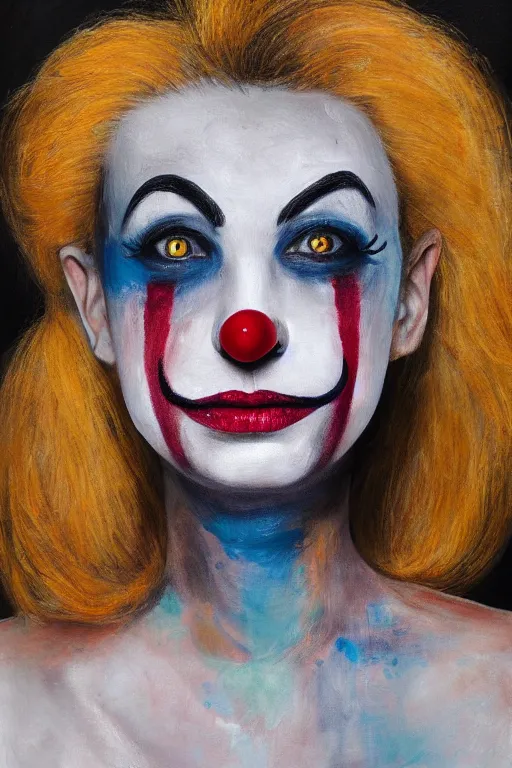 Image similar to detailed painting of a pale clown girl with messy make up