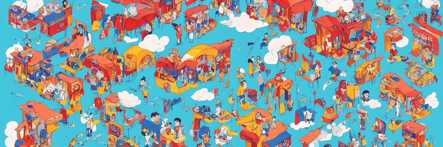 Image similar to a fantastical cartoon world in the clouds, barber shop, street market, nimbus clouds, cartoon characters with big teeth, small chinese style dogs, extremely wide shot, strong composition, fun and playful colors, thick ink lines, in the style of billy wu, trending on behance.